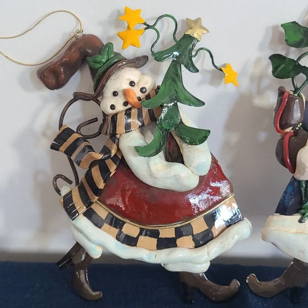 Large Metal & Clay Santa Claus & Snowman Winter Christmas Holiday Ornaments VTG